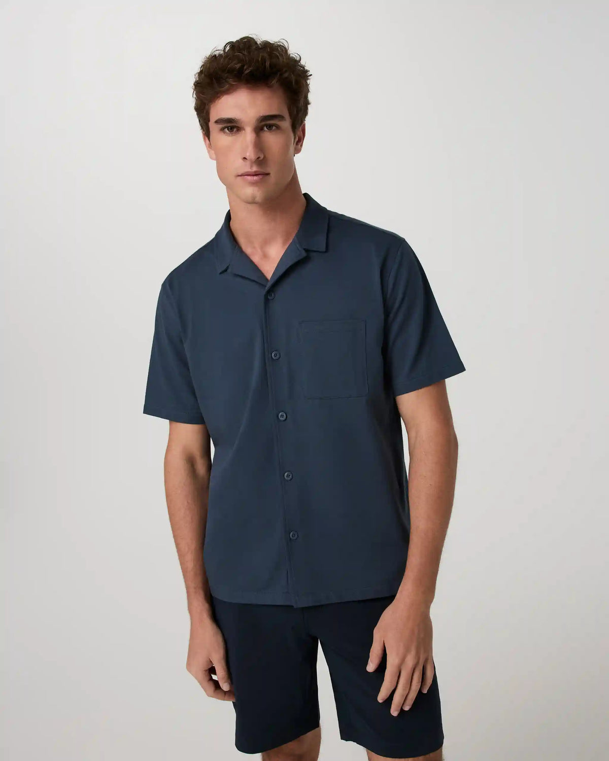 Short Sleeve Knit Oxford Camp Collar Button Down